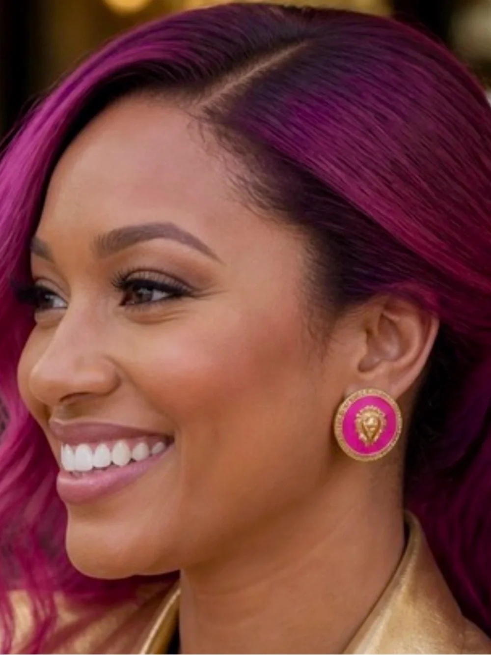 EARRINGS: Hot Pink & Gold Tone Lion Head Stud Zinc Alloy Earrings, NIP